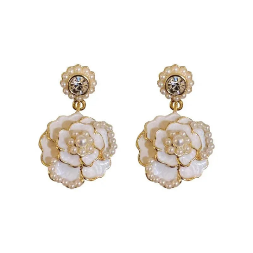 Vintage Earring Classic Pearl Zircon Camellia Elegant Stud Earrings Pearls Camellia Elegant Earrings For Women Korean Luxury earrings