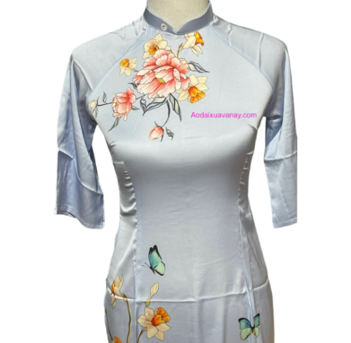 Áo dài Cách Tân Lụa Satin Xanh In Hoa | Blue Vietnamese Modernized Ao Dai with Pants New Year Ao Dai