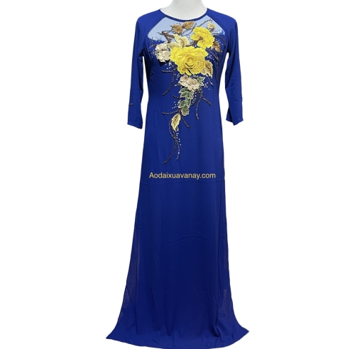 Áo dài lụa tằm xanh kết hoa và đính pha lê size 3X Blue Modernized Ao Dai with floral and crystal embeaded