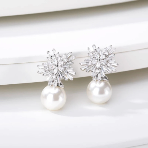 Women Fashion Snowflake Baguette Rhinestone and White Pearl Stud Earrings 