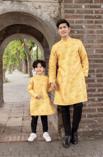 Boy Yellow Ao Dai with Dragon Print | Áo dài tết gấm vàng cho bé trai Ao dai for father and son