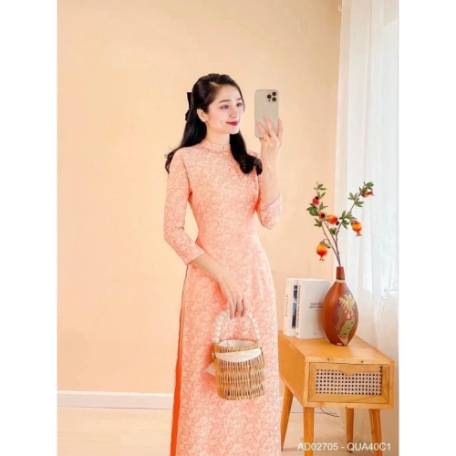 Áo Dài Truyền Thống Gấm Thanh Liễu Hồng Cam Size S M L XL 2X 3X 4X - Coral Brocade silk Traditional Ao Dai New Year Ao Dai