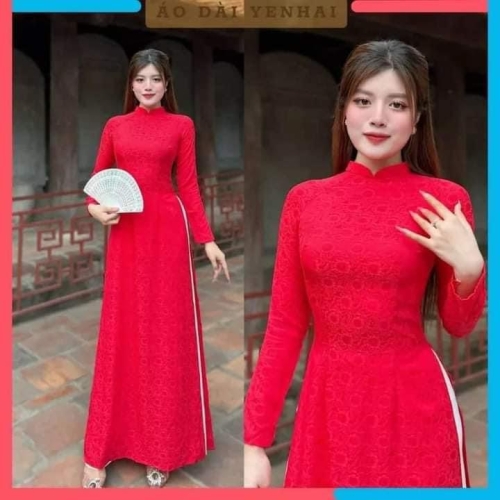 Áo Dài Truyền Thống Gấm Thanh Liễu Đỏ Tươi Size S M L XL 2X 3X 4X - Bright Red Brocade silk Traditional Ao Dai New Year Ao Dai