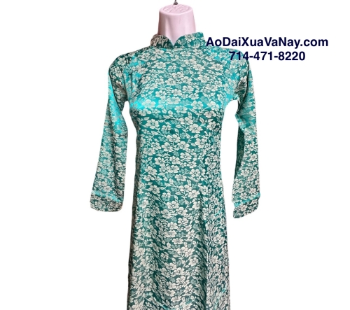 Áo Dài Truyền Thống Gấm Thanh Liễu Xanh Cổ Vịt Size S M L XL 2X 3X 4X - Teal Blue Brocade silk Traditional Ao Dai New Year Ao Dai