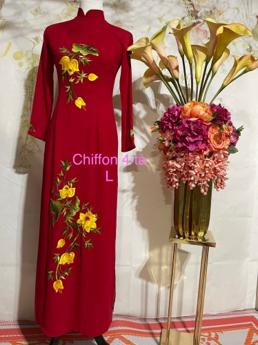 Áo dài chiffon đỏ hoa vàng size L - Set of red chiffon silk with yellow floral embroidery and white pants size L