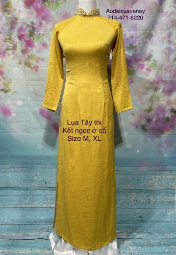 Bộ Áo dài lụa Tây Thi vàng đính ngọc trai cổ truyền thống size M XL kèm quần - Set of Yellow Traditional Ao Dai and pants