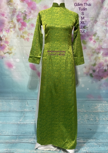 Bộ Áo dài Gấm Thái Tuấn xanh lá kèm quần trắng - Set of Green Premium Brocade silk Vietnamese Traditional Ao Dai and white pants