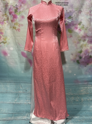 Áo dài truyền thống gấm hồng size L XL kèm quần trắng - Pink Brocade silk Vietnamese Traditional Ao Dai and white pants