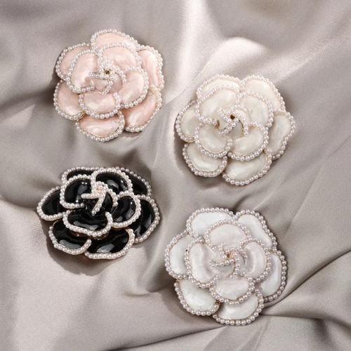 Beige Black Pink Enamal Camelia Flower Brooch Pin 