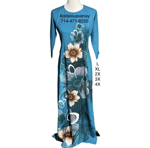 Áo dài lụa Nhật in hoa size L XL 2X 3X 4X- Blue Ao Dai with floral print 