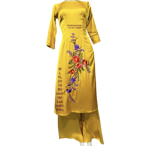 Bộ Áo dài Cách Tân Lụa Satin vàng thêu mền mại kèm quần - Set of Yellow Vietnamese Modernized Ao Dai with pants