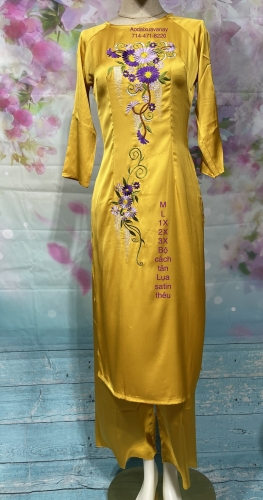 Bộ Áo dài Cách Tân Lụa Satin vàng thêu kèm quần - Set of Yellow Vietnamese Modernized Ao Dai with pants