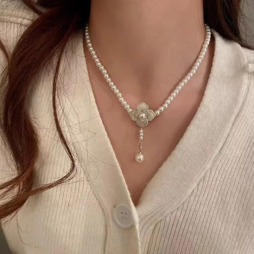 Korean Classic Pearl Necklace with Camellia Flower